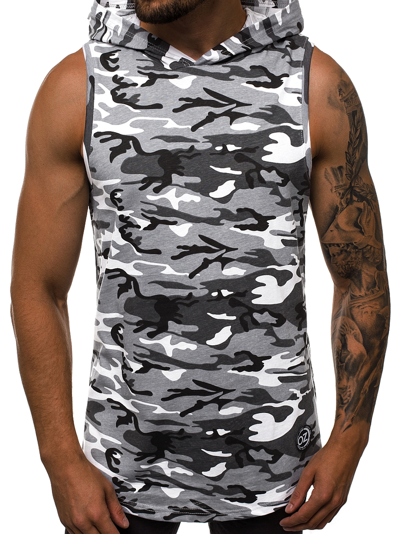 Koszulka bez rękawów z kapturem męska biało-szary-moro OZONEE O/2537