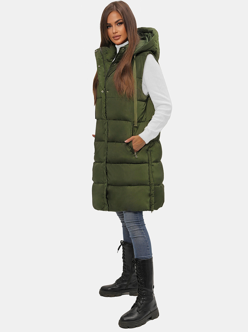 Kamizelka damska długa pikowana z kapturem zielona OZONEE O/81276