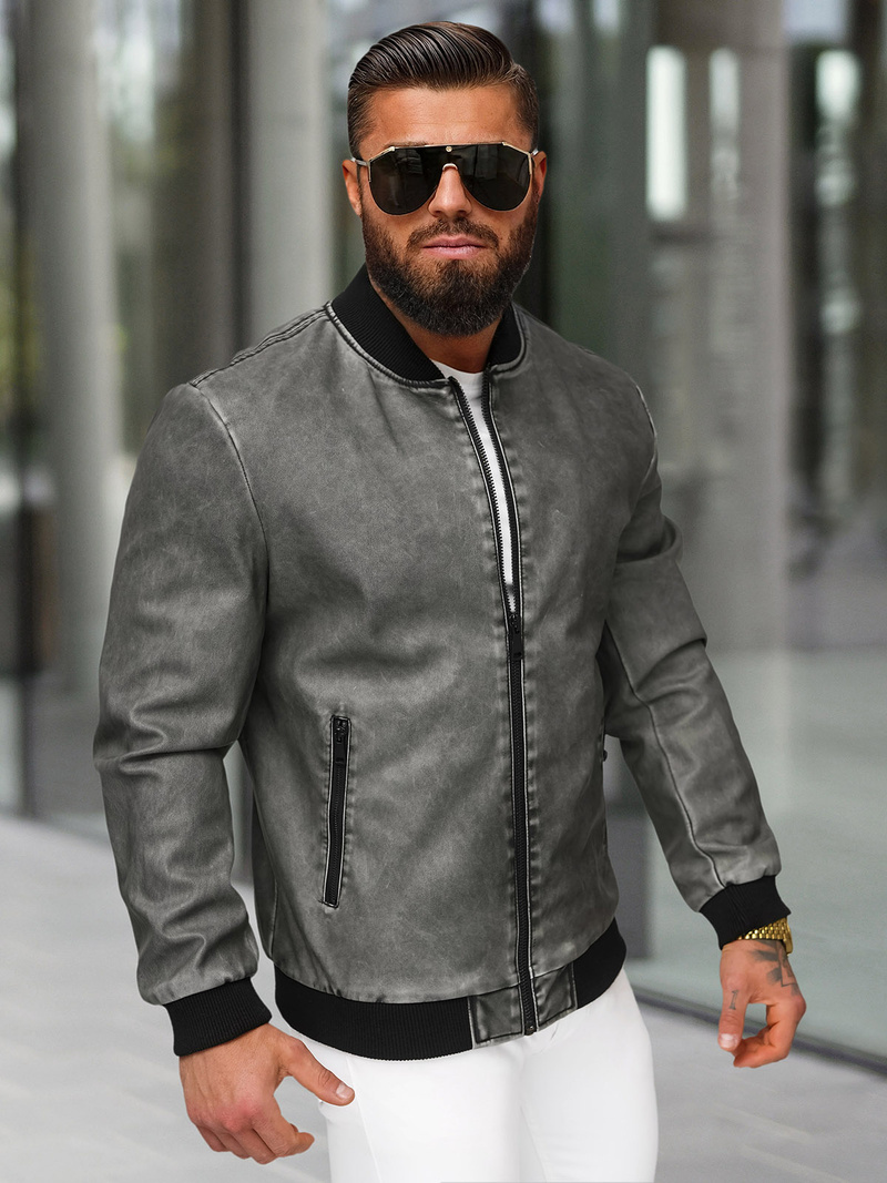 Kurtka skórzana męska bomberka grafitowa OZONEE JS/11Z8107