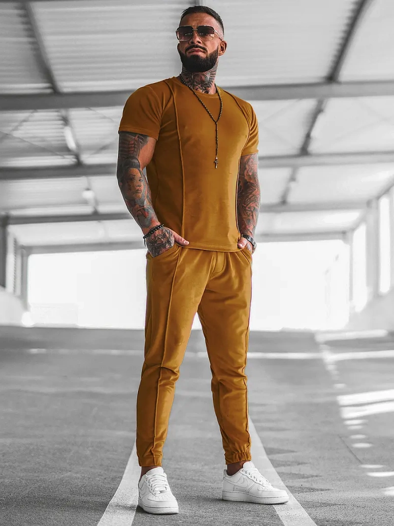 Komplet dresowy męski welurowy camelowy OZONEE O/12135