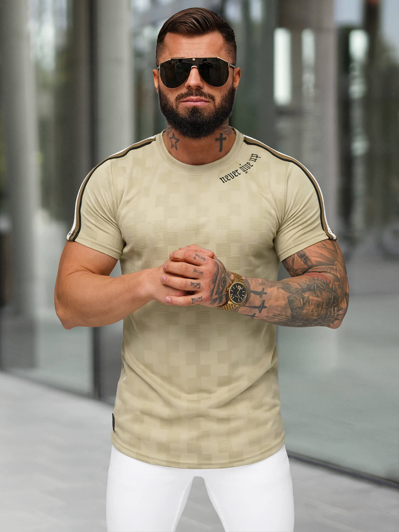 T-shirt męski slim fit beżowy OZONEE O/QS11621