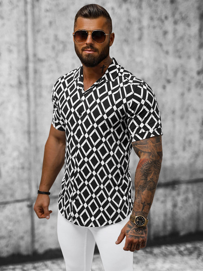 Koszula męska z krótkim rękawem czarno-biała OZONEE E/1400/227Z