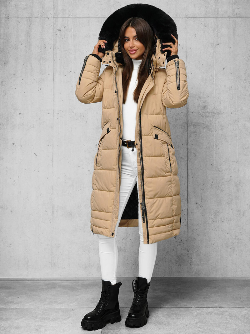 Kurtka zimowa damska długa pikowana beżowa OZONEE O/W377