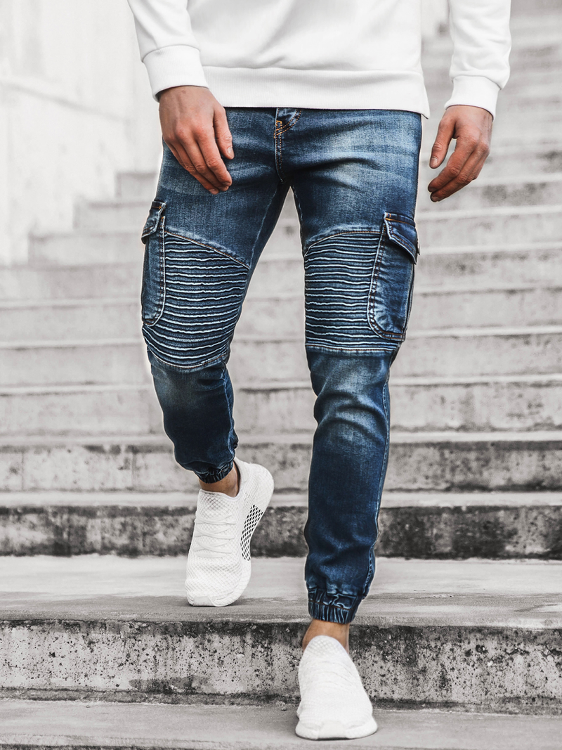 Spodnie jeansowe joggery męskie ciemno-niebieskie OZONEE G/1064