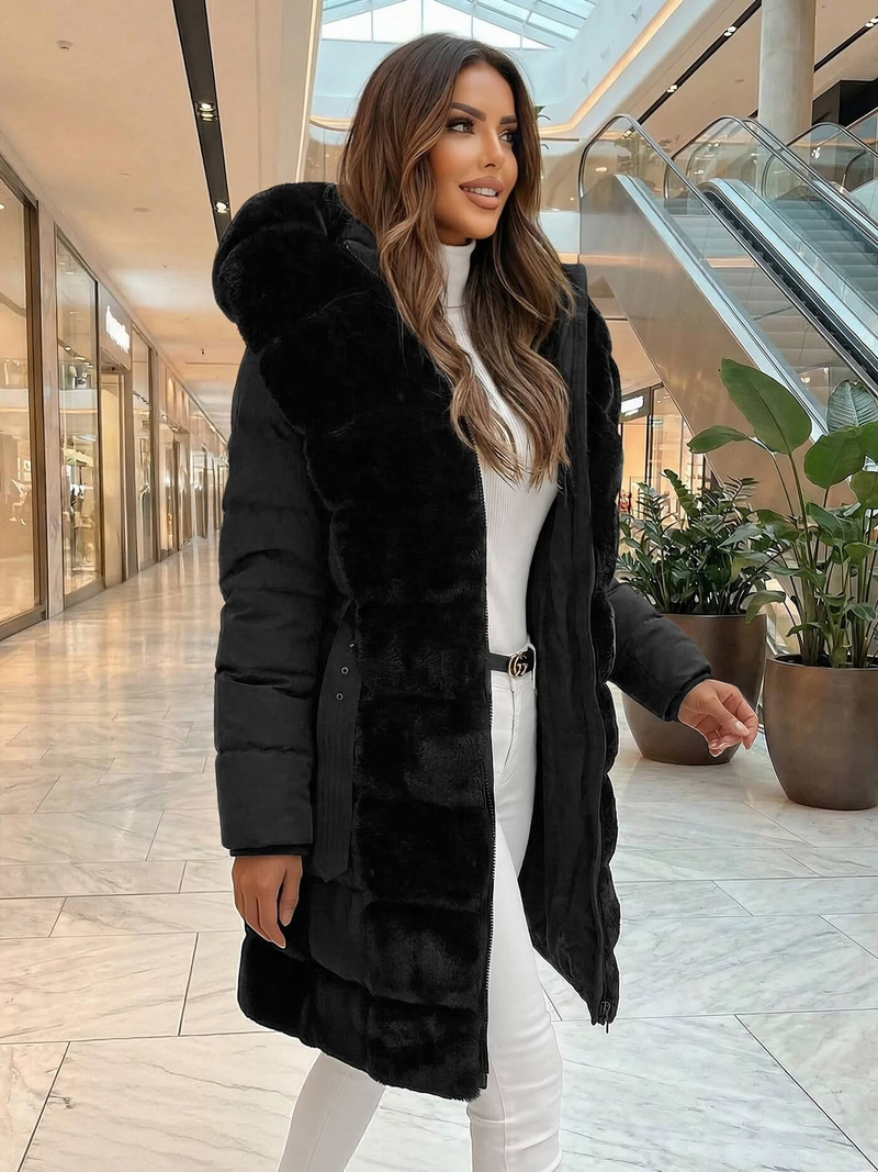 Kurtka zimowa damska długa z futerkiem czarna OZONEE JS/5M3158/392Z