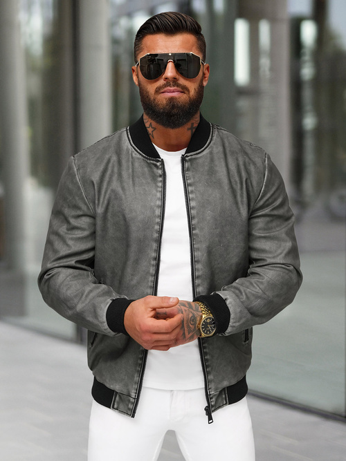 Kurtka skórzana męska bomberka grafitowa OZONEE JS/11Z8107