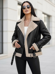 Kurtka skórzana damska z kożuchem czarno-beżowa OZONEE JS/11Z8177Z