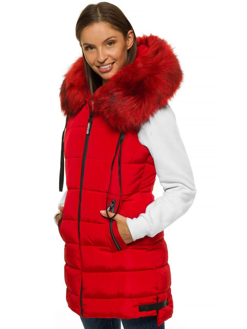 Kamizelka damska długa pikowana z futerkiem czerwona OZONEE O/M205/4