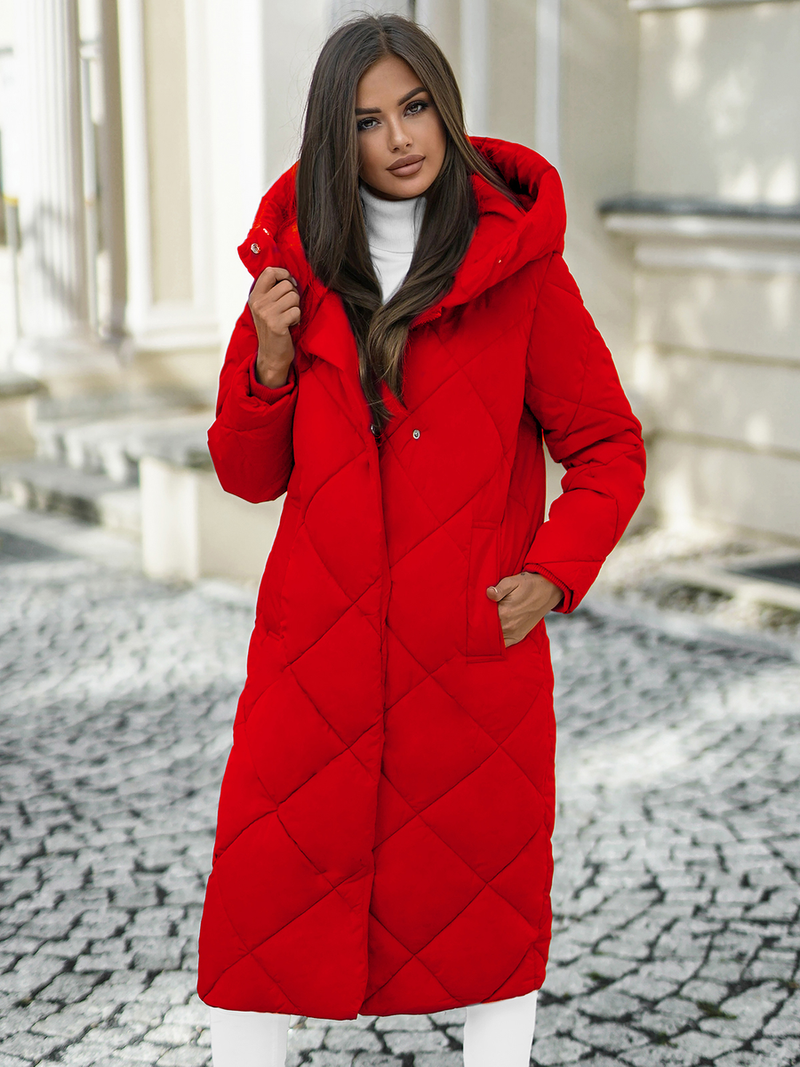 Kurtka zimowa damska długa pikowana czerwona OZONEE JS/5M3173/270Z