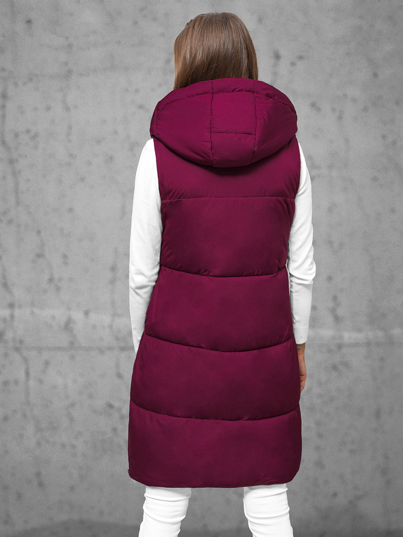 Kamizelka damska długa pikowana z kapturem bordowa OZONEE JS/16M9093/06Z