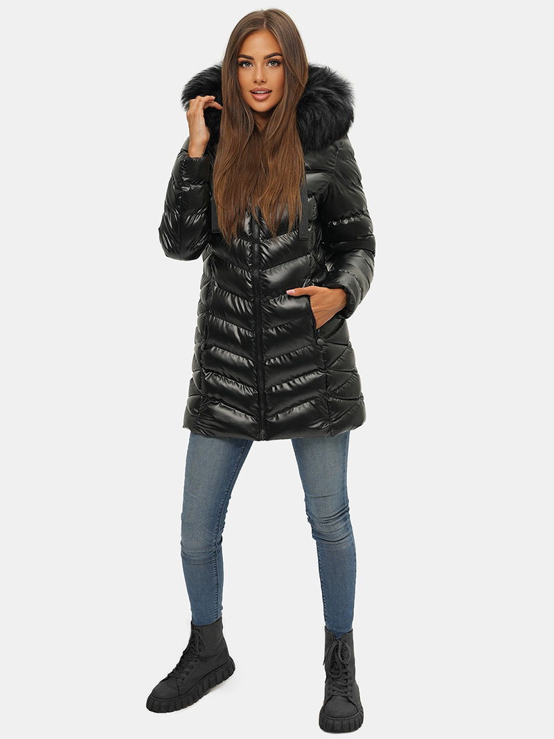 Kurtka zimowa damska z futerkiem czarna OZONEE JS/M778/392B