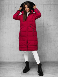 Kurtka zimowa damska długa pikowana ciemno-czerwona OZONEE O/W377