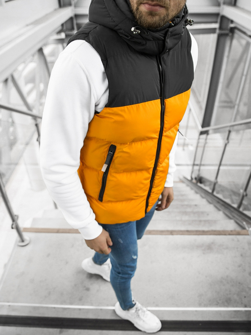 Kamizelka męska pikowana z kapturem camelowo-czarna OZONEE JS/M1189/333