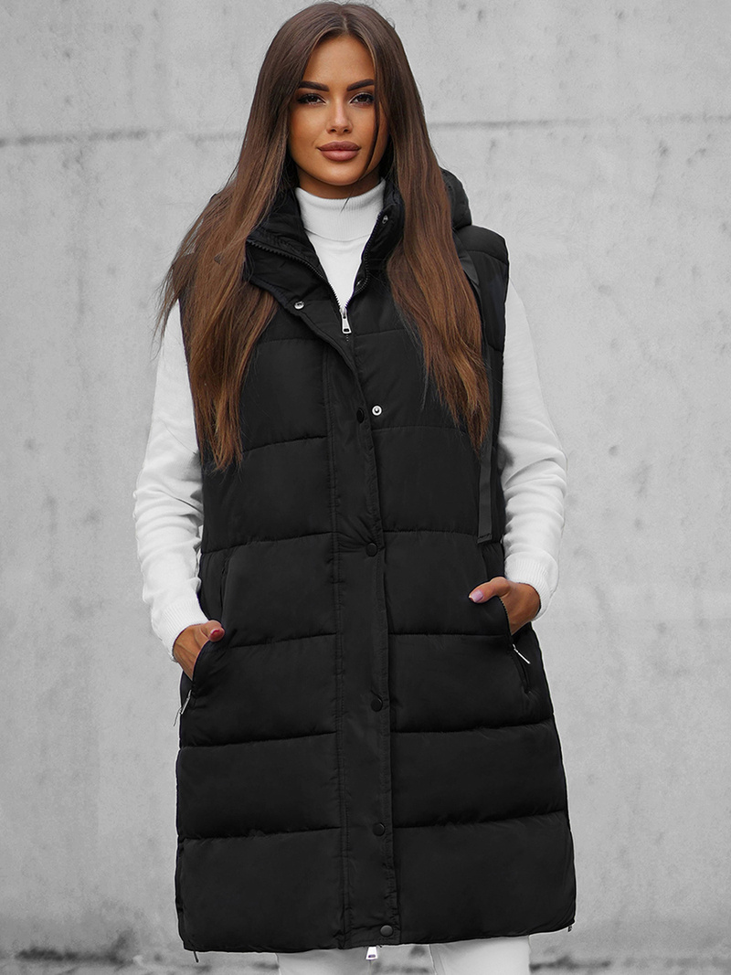 Kamizelka damska długa pikowana z kapturem czarna OZONEE O/81276Z