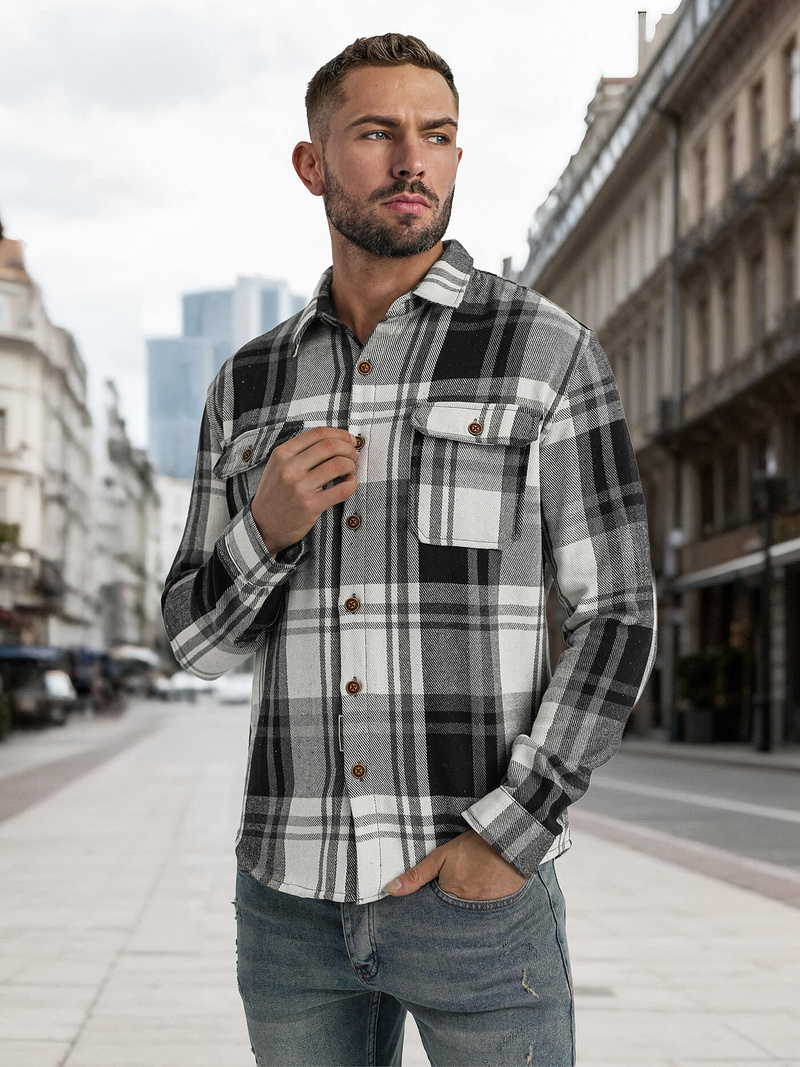 Koszula flanelowa męska w kratę czarno-biała OZONEE NB/MC728N/3