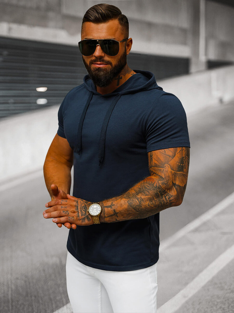 T-shirt męski z kapturem granatowy OZONEE JS/8T89/25