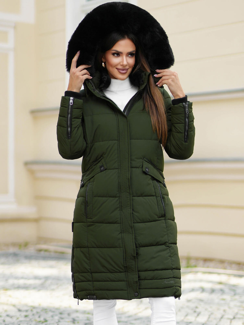 Kurtka zimowa damska długa pikowana khaki OZONEE O/W377Z