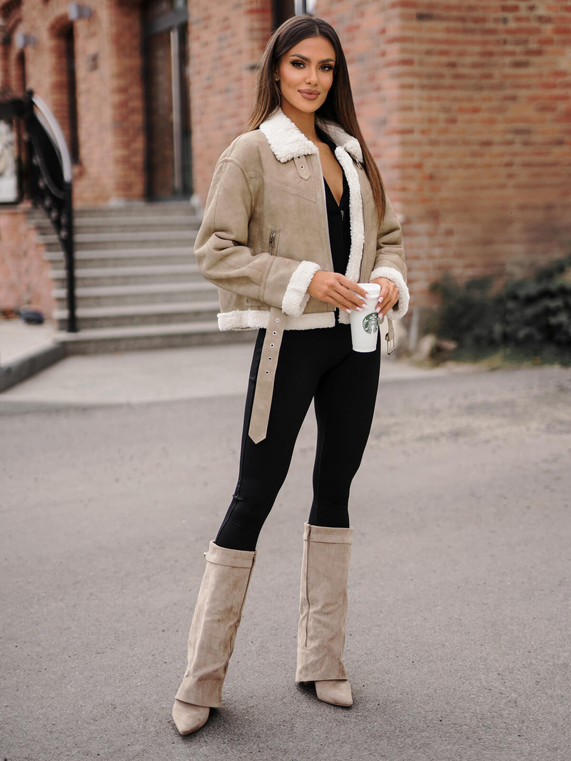 Kurtka skórzana damska z kożuchem beżowa OZONEE O/81331