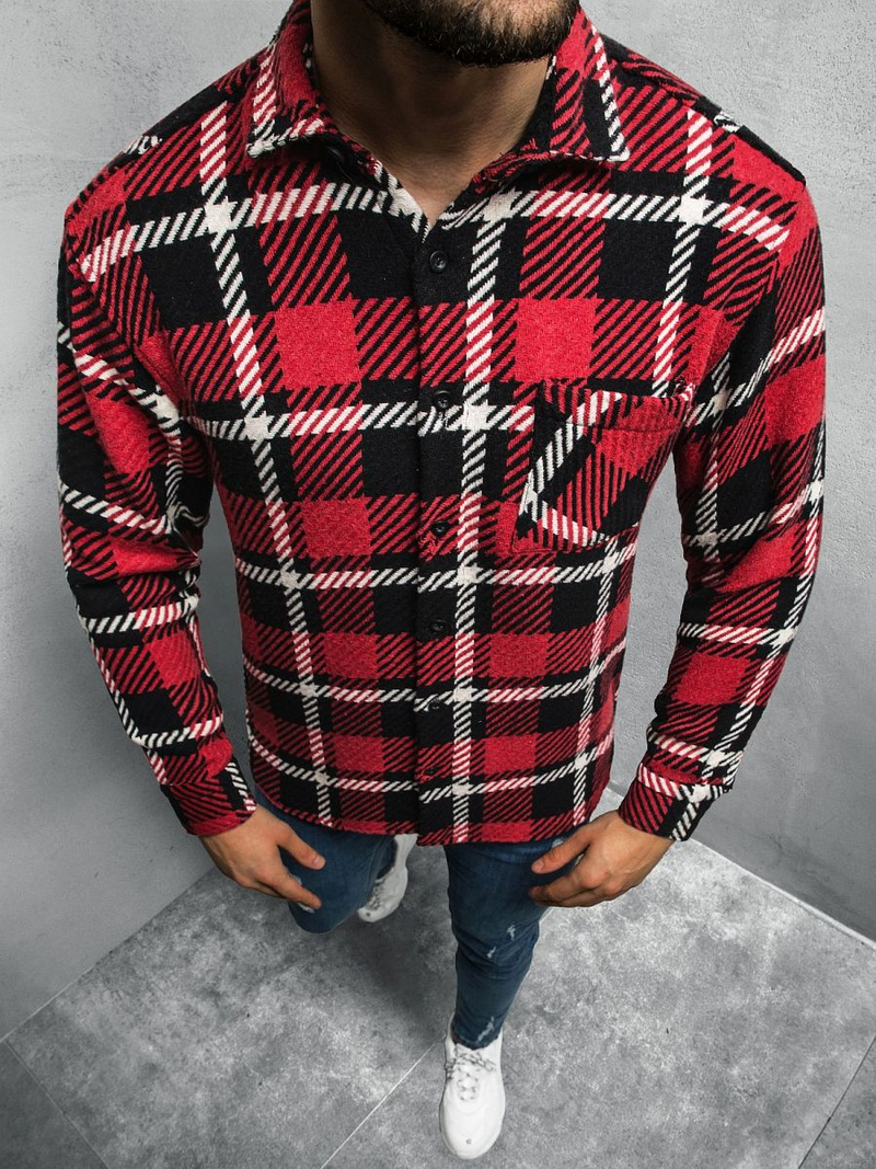 Koszula męska w kratę czerwono-czarna OZONEE E/3900/14