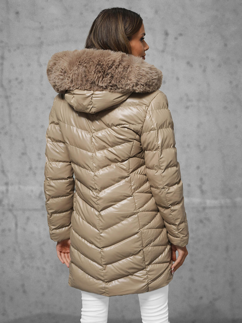 Kurtka zimowa damska długa z futerkiem beżowa OZONEE JS/5M3139/62
