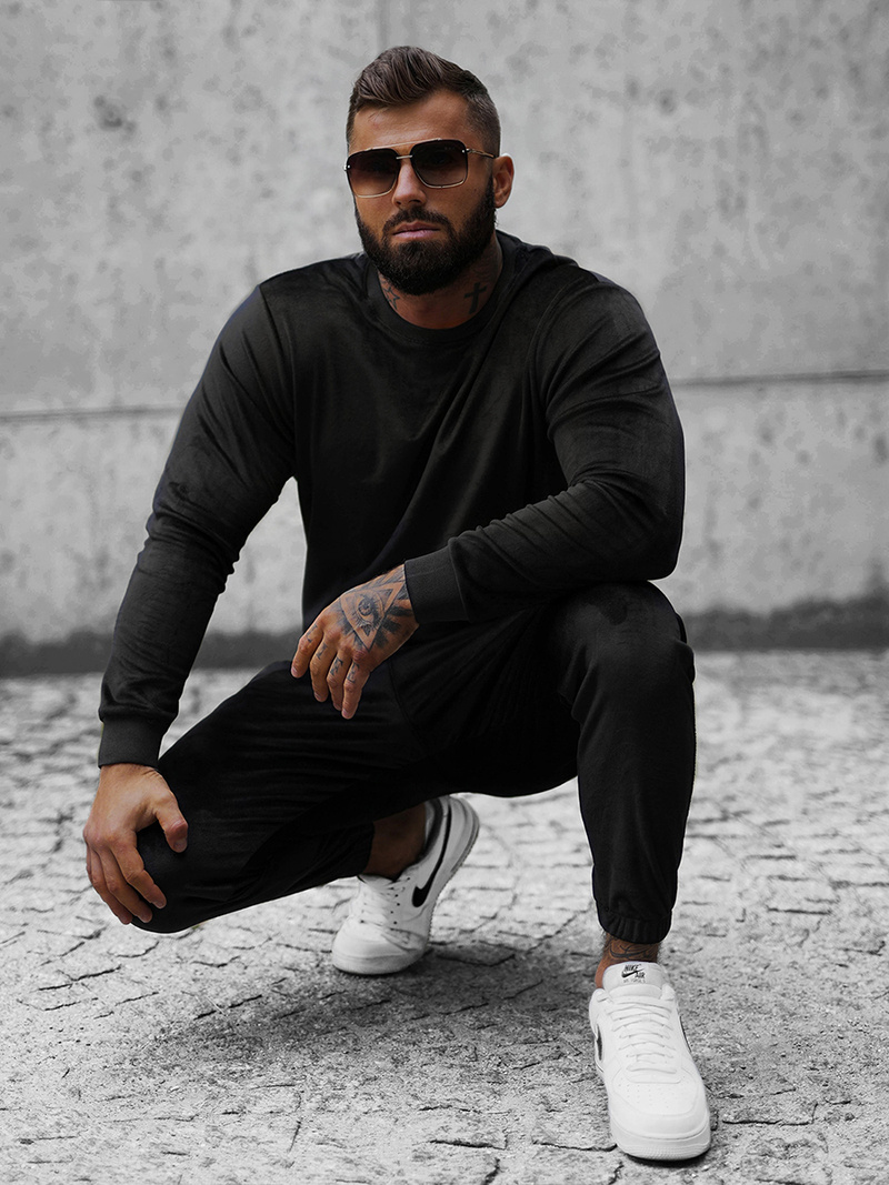 Komplet dresowy męski welurowy czarny OZONEE O/12138