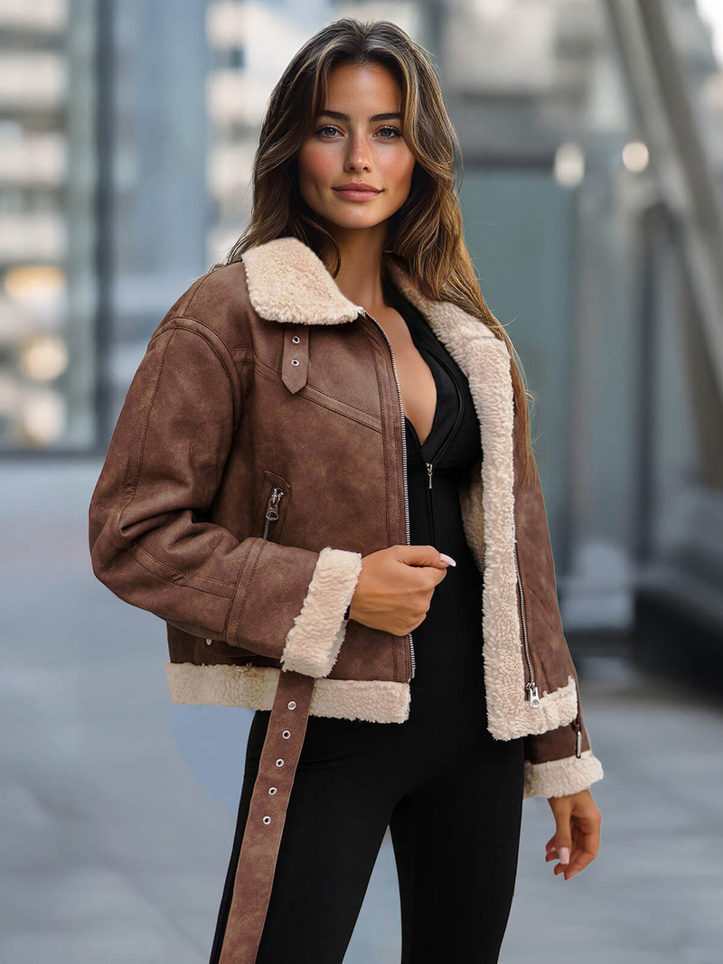 Жіноча шкіряна kуртка kоричнева OZONEE O/81331Z