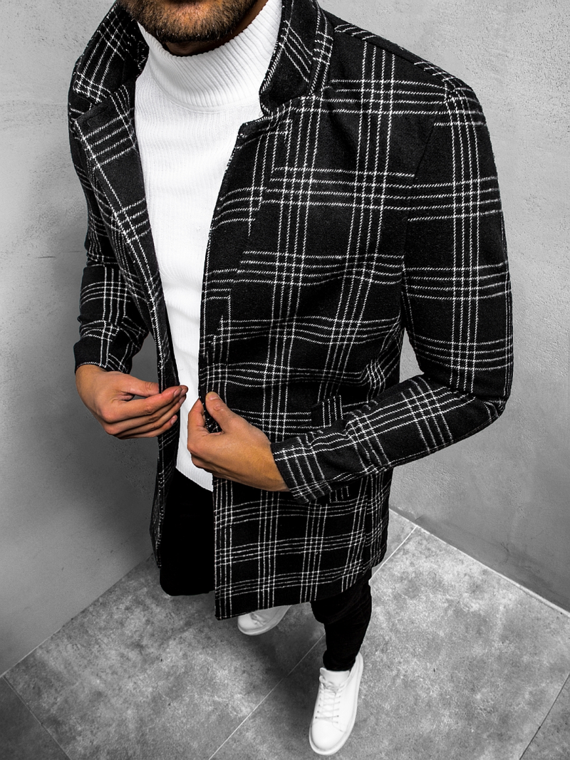 Płaszcz męski w kratę czarno-biały OZONEE O/5628