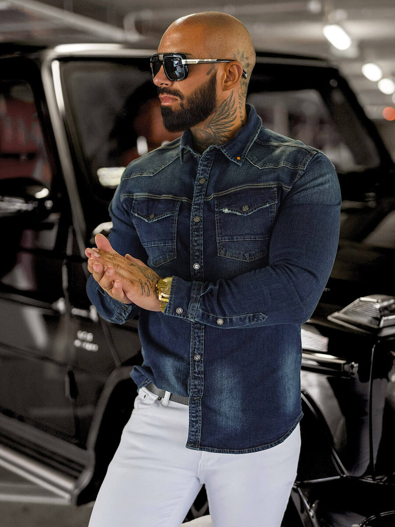 Koszula męska jeansowa ciemno-niebieska OZONEE O/51412