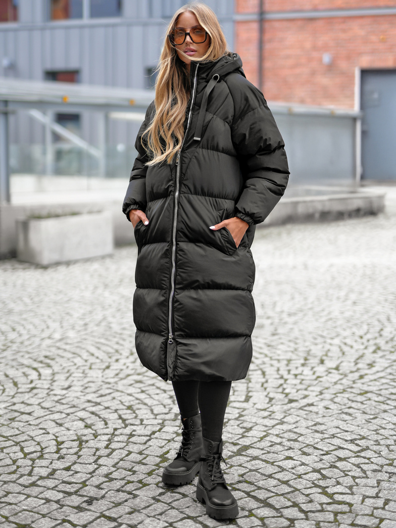 Kurtka zimowa damska długa pikowana czarna OZONEE JS/5M3163/392Z