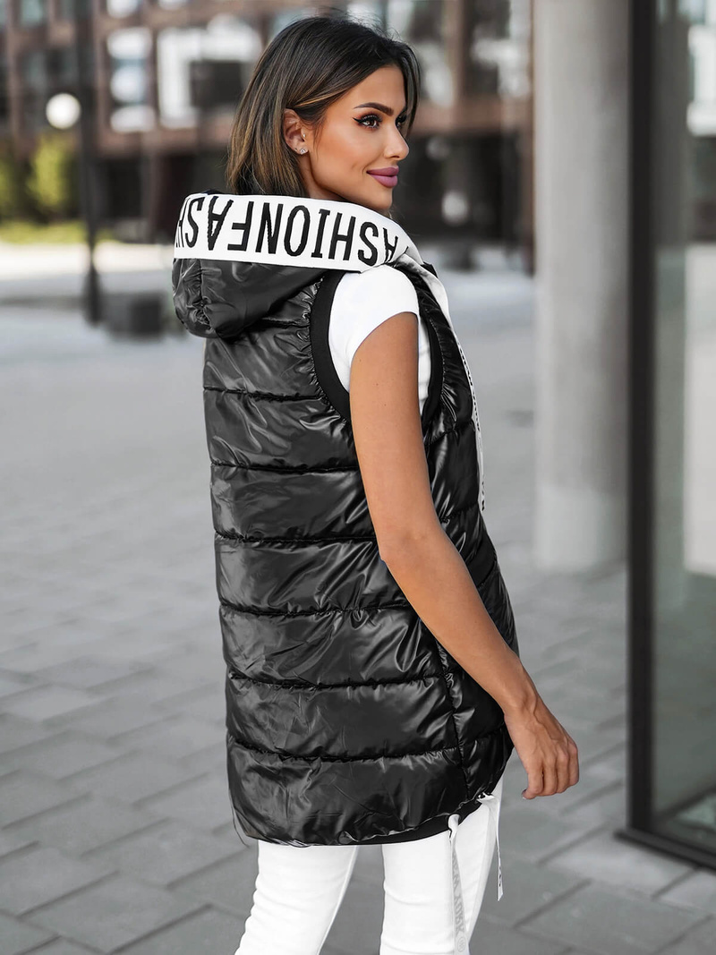 Kamizelka damska długa pikowana z kapturem czarna OZONEE JS/16M9115/392