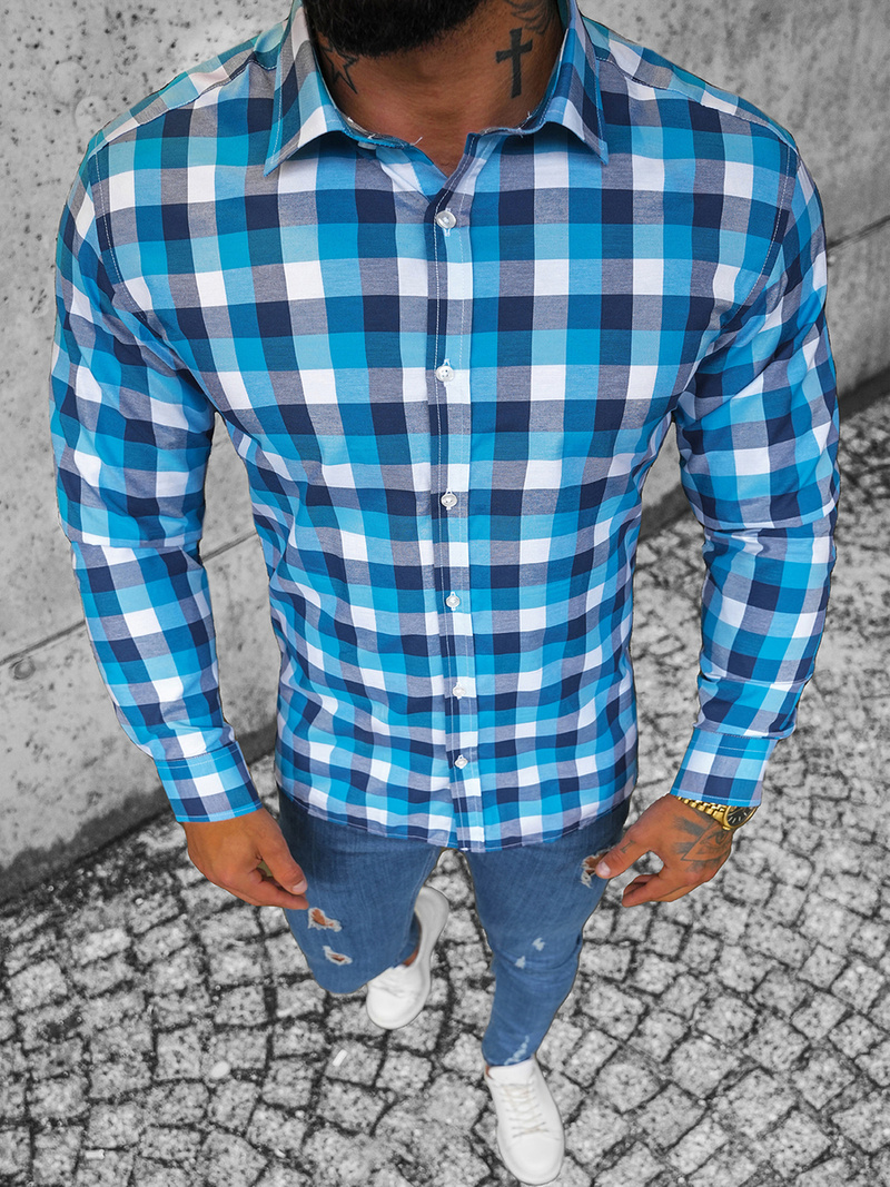 Koszula męska w kratę niebieska OZONEE O/1322Z