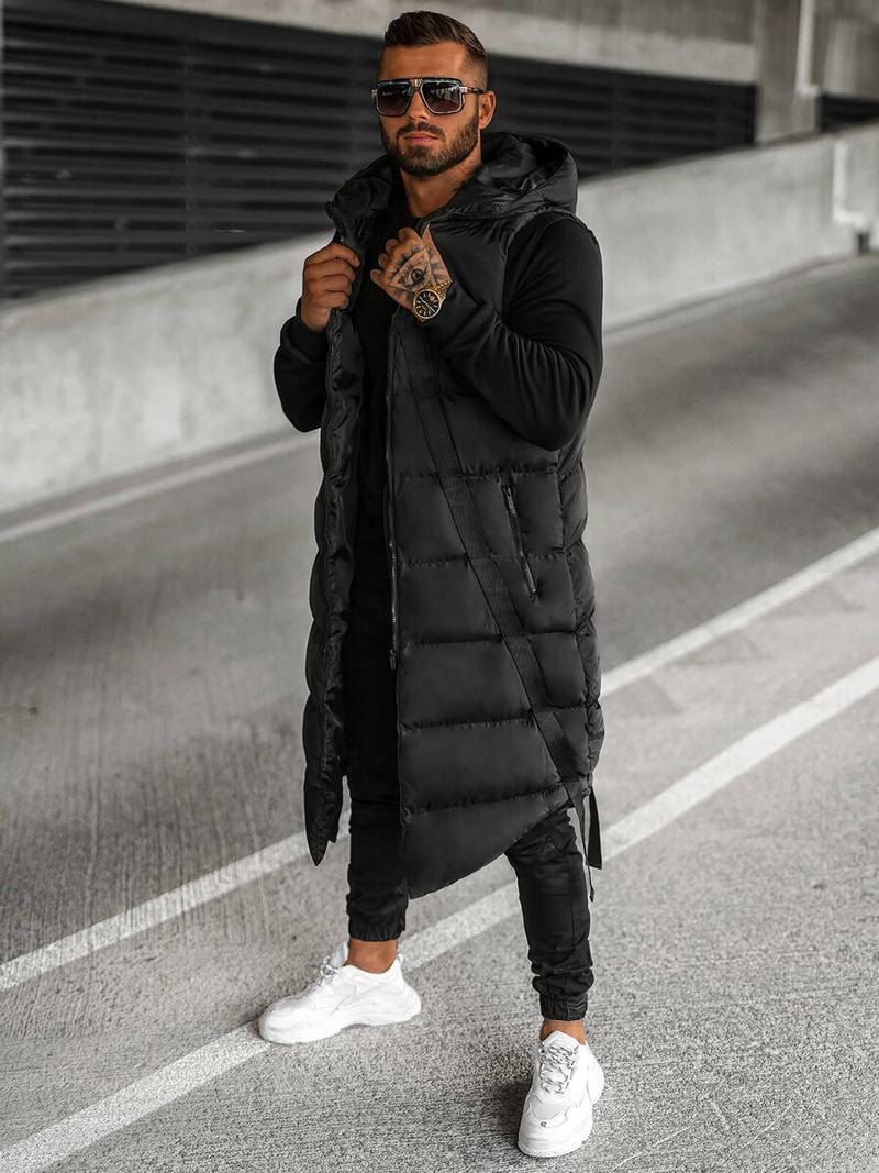 Kamizelka męska długa pikowana z kapturem czarna OZONEE O/M3201Z