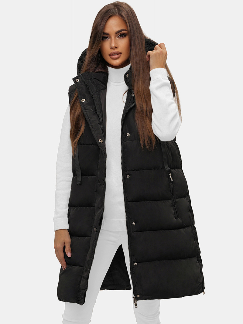 Kamizelka damska długa pikowana z kapturem czarna OZONEE O/81276