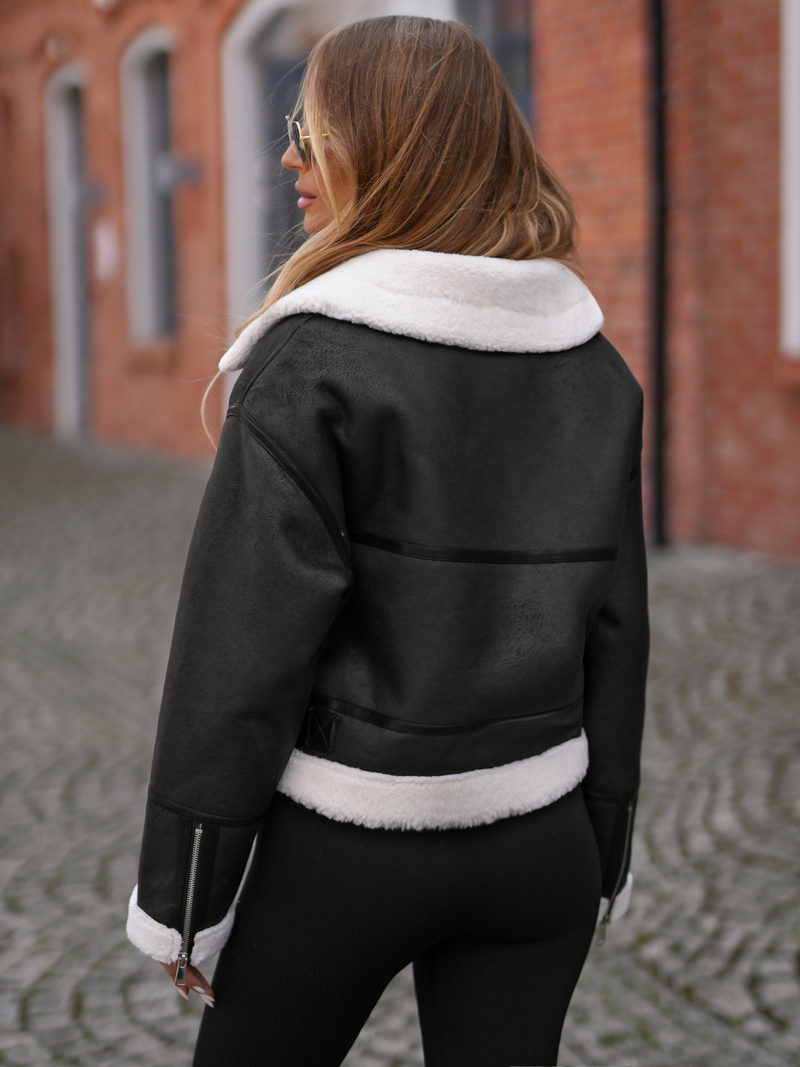 Kurtka skórzana damska z kożuchem czarna OZONEE JS/11Z8256