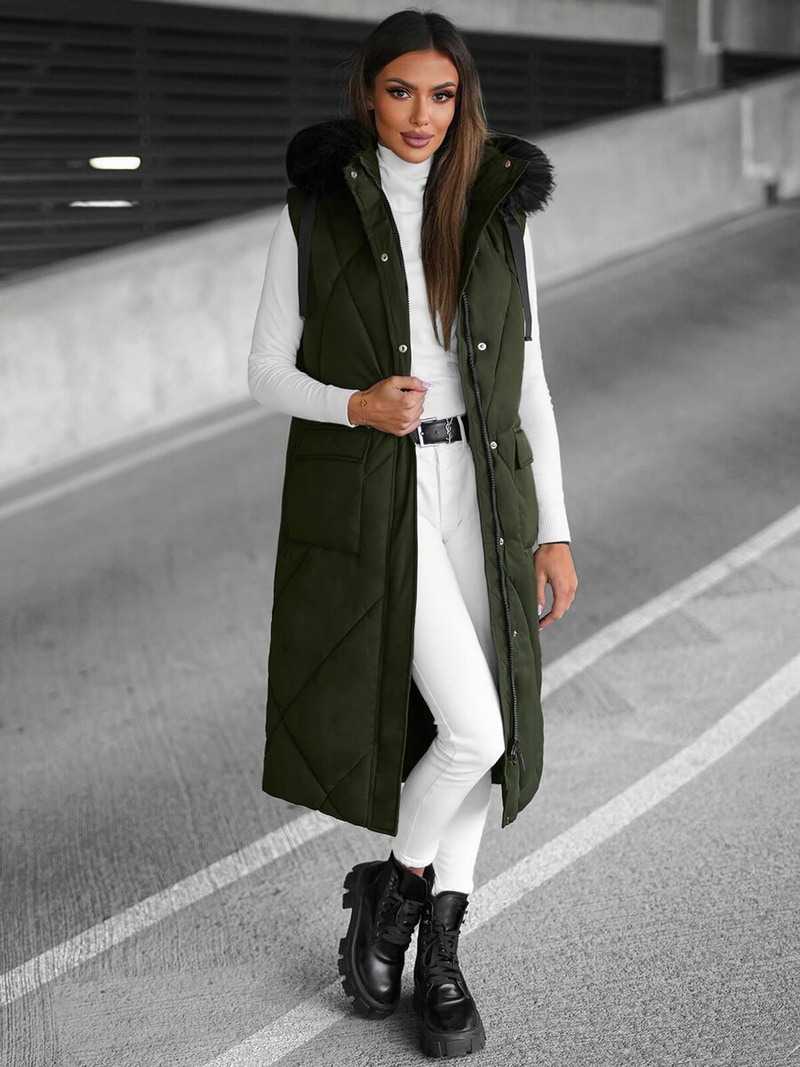 Kamizelka damska długa pikowana z futerkiem ciemno-zielona OZONEE JS/5M3166/136Z