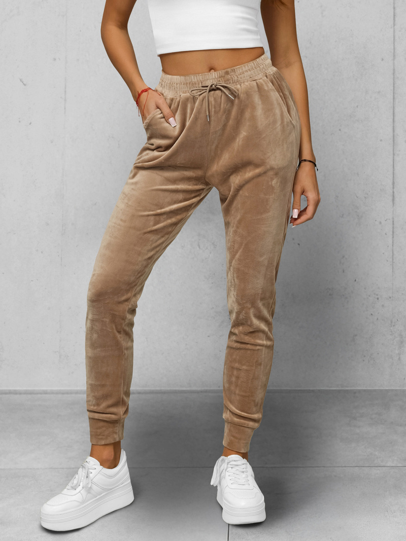 Spodnie dresowe damskie welurowe ciemno-beżowe OZONEE JS/8K1532/91