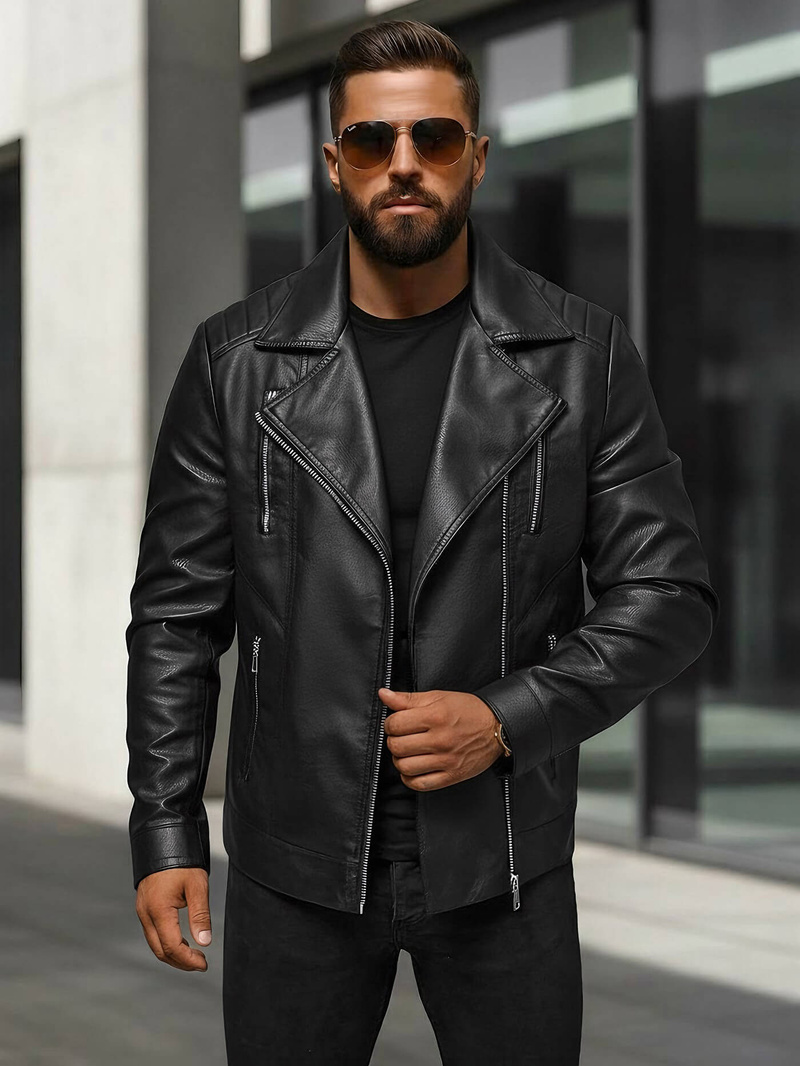 Чоловіча шкіряна куртка Чорна OZONEE JS/11Z8067Z