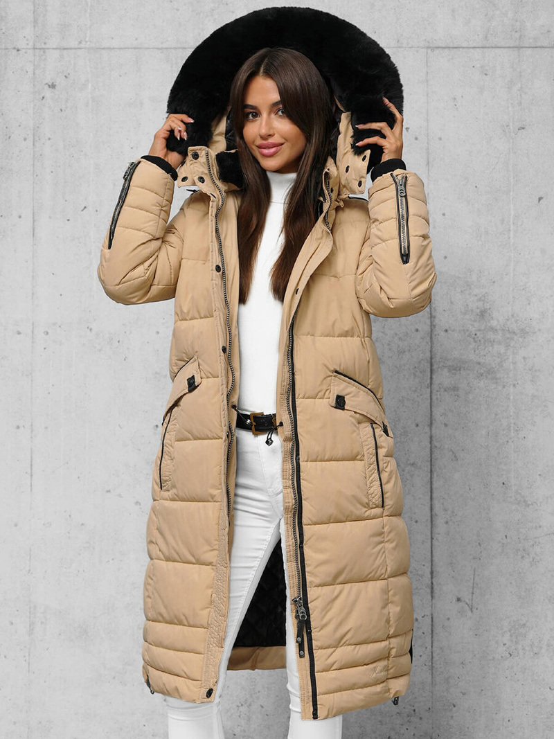 Kurtka zimowa damska długa pikowana beżowa OZONEE O/W377