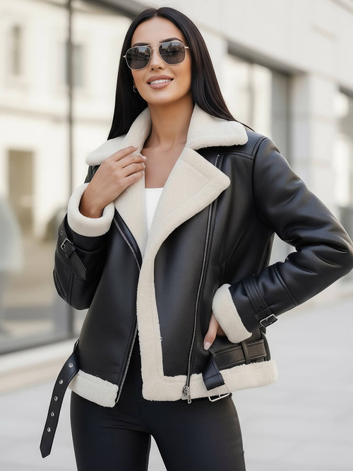 Жіноча шкіряна Kуртка Чорно-Бiла OZONEE JS/11Z8177Z