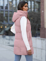 Kamizelka damska długa pikowana z kapturem pudrowa OZONEE JS/M721/46Z