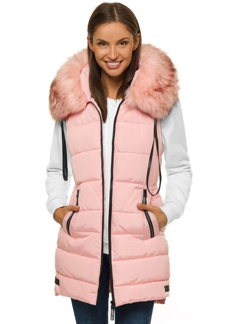 Kamizelka damska długa pikowana z futerkiem jasnoróżowa OZONEE O/M205/58