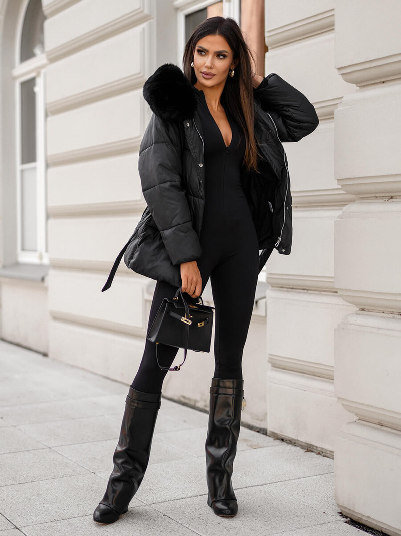 Kurtka zimowa damska z futerkiem czarna OZONEE JS/16M9206/392