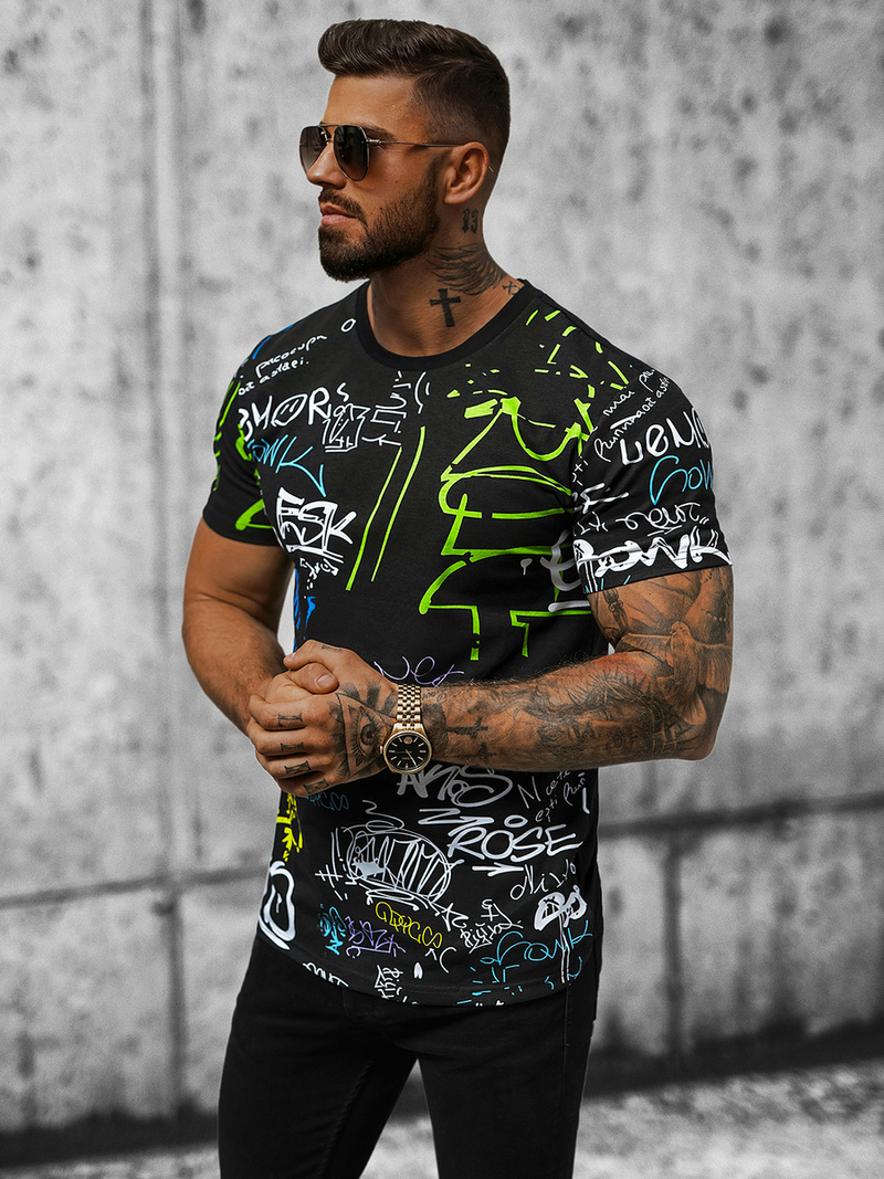 T-shirt męski czarno-zielony OZONEE JS/8T968