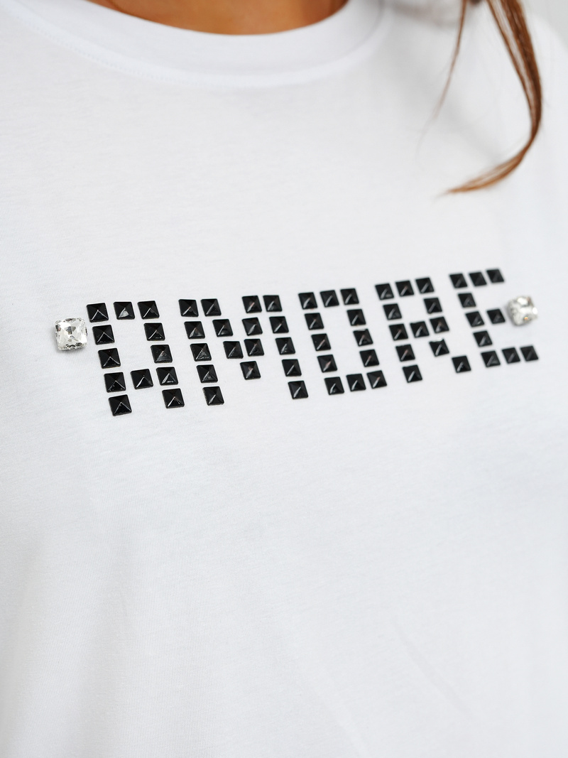 T-shirt damski z ćwiekami biało-czarny OZONEE JS/YJ77716