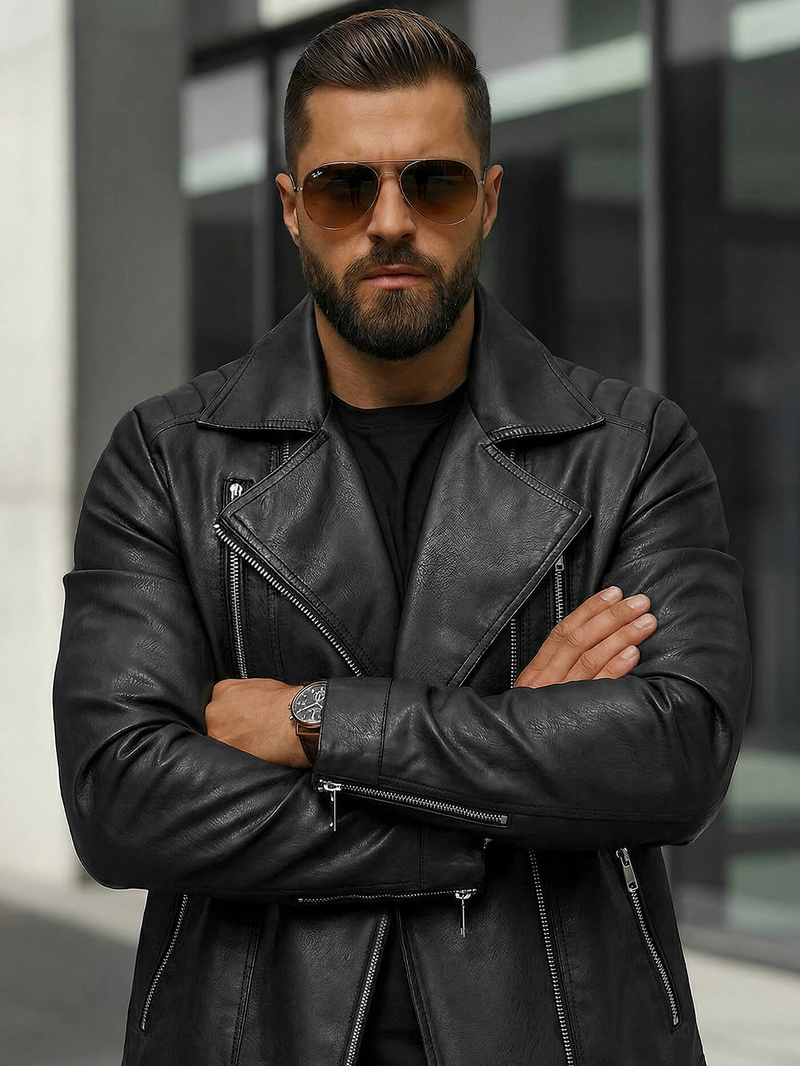 Kurtka skórzana męska ramoneska czarna OZONEE JS/11Z8067Z