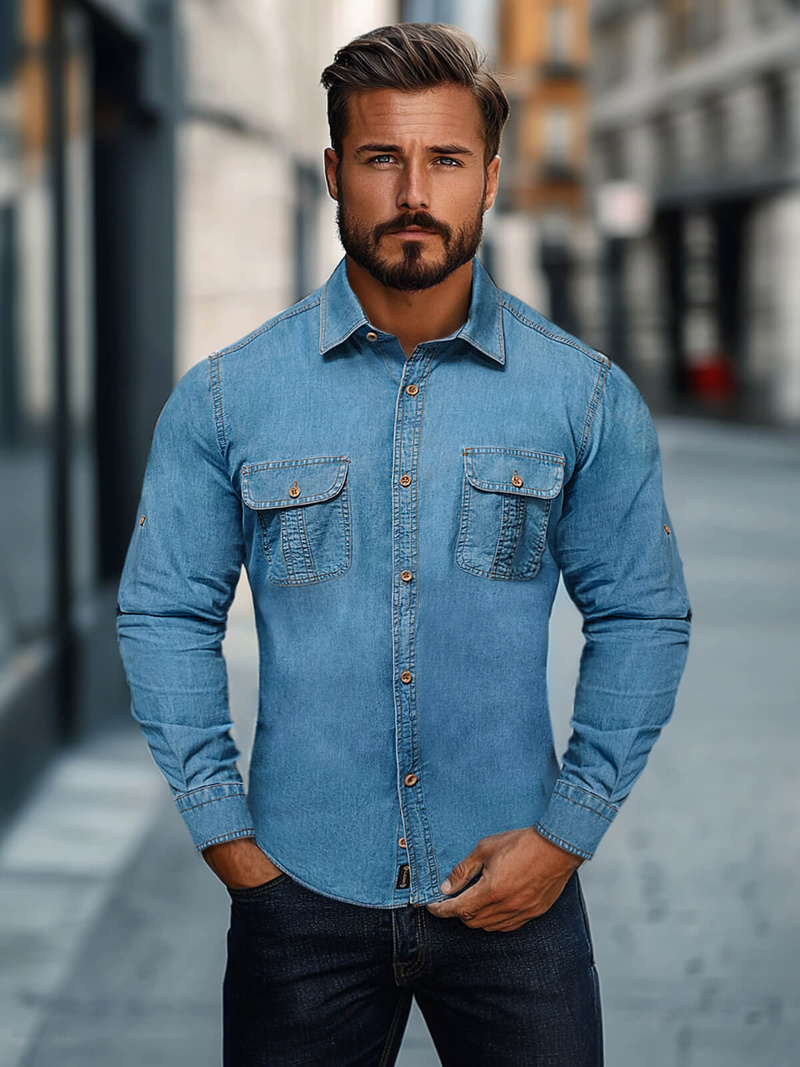 Чоловіча джинсова сорочка cиня OZONEE O/450246Z