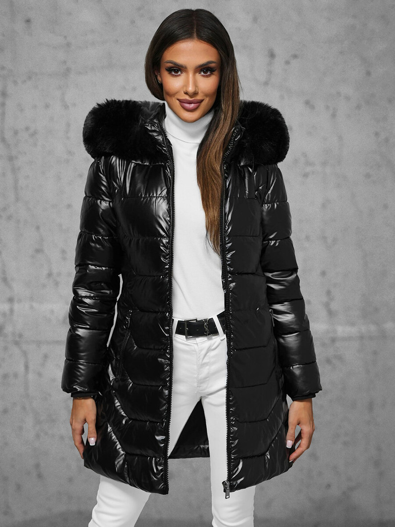 Kurtka zimowa damska długa z futerkiem czarna OZONEE JS/16M9122/392