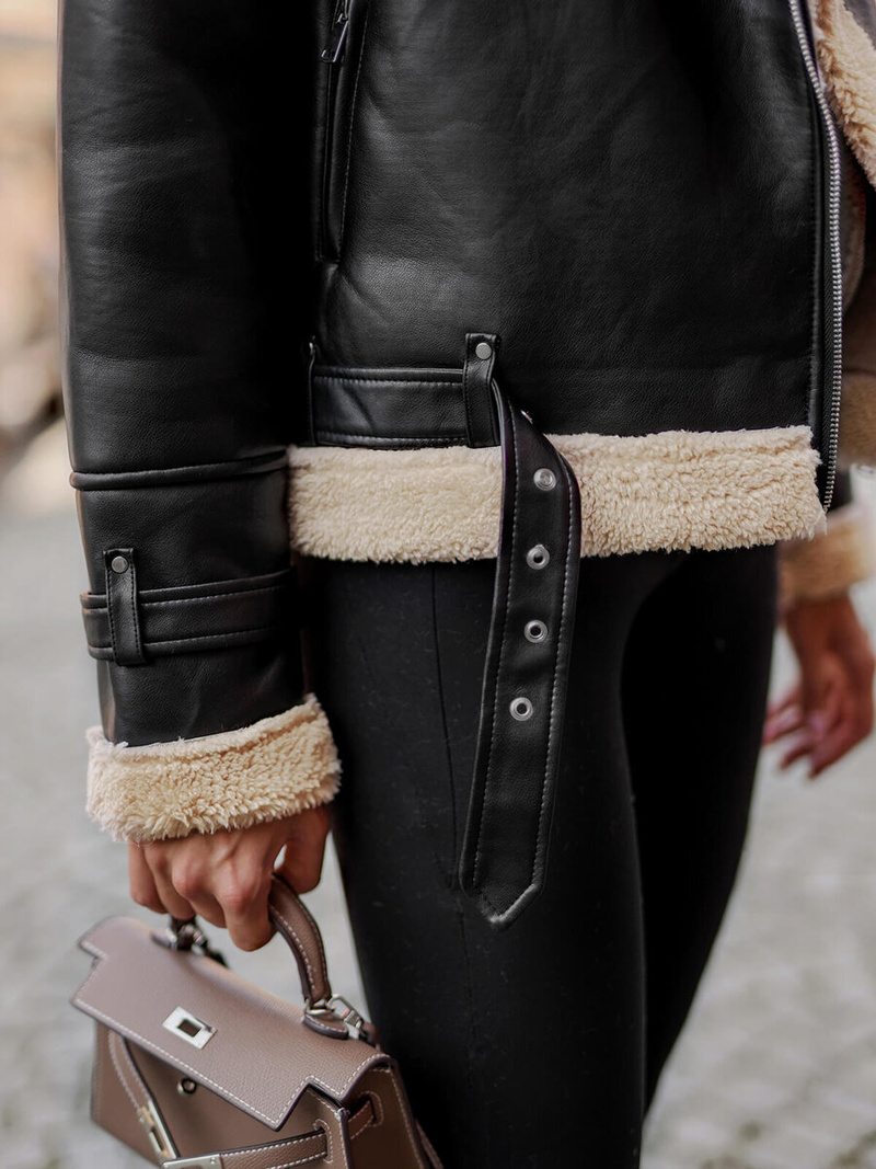 Kurtka skórzana damska z kożuchem czarno-beżowa OZONEE JS/11Z8177