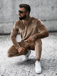 Komplet dresowy męski welurowy ciemno-beżowy OZONEE O/D7516