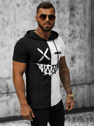 T-Shirt męski z kapturem czarno-biały OZONEE JS/8T981